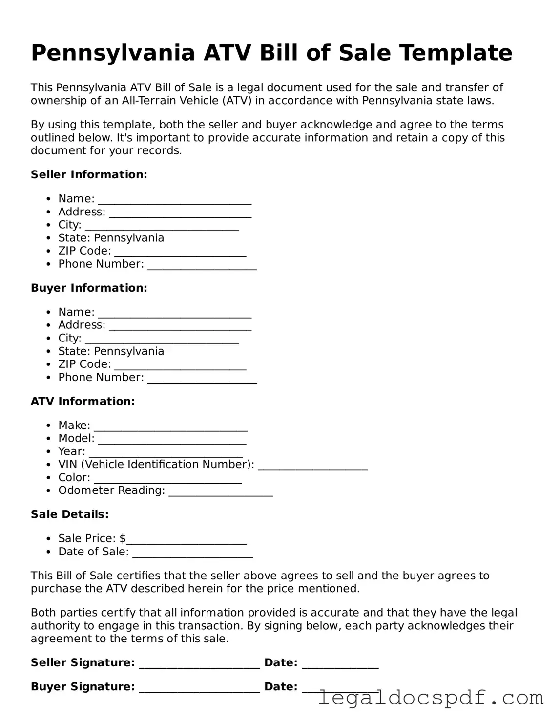 Legal Pennsylvania ATV Bill of Sale Form