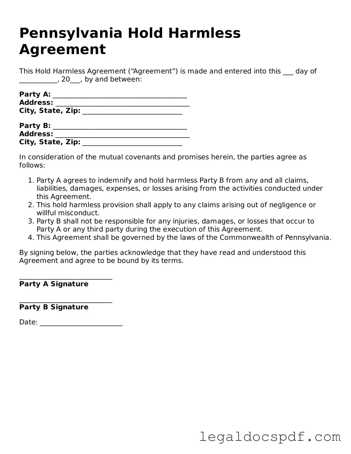 Legal Pennsylvania Hold Harmless Agreement Form