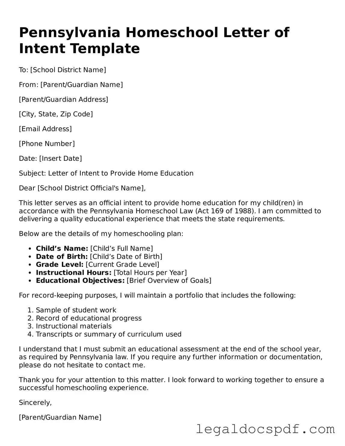 Legal Pennsylvania Homeschool Letter of Intent Form