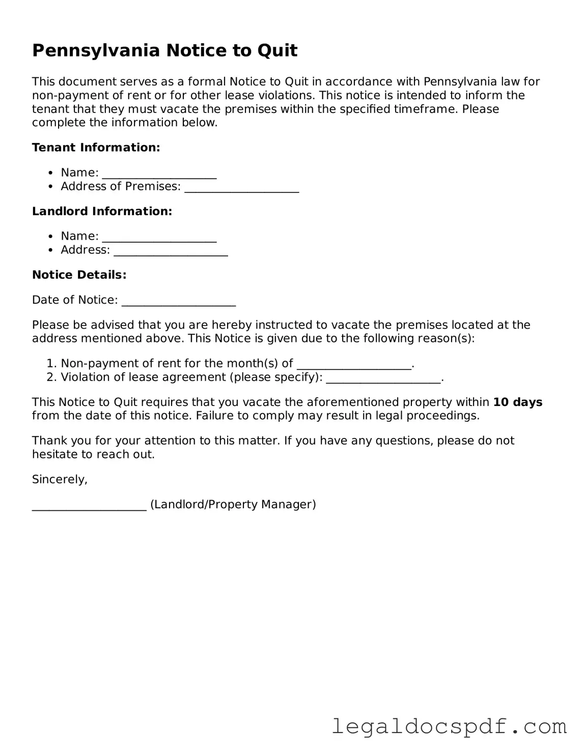 Legal Pennsylvania Notice to Quit Form
