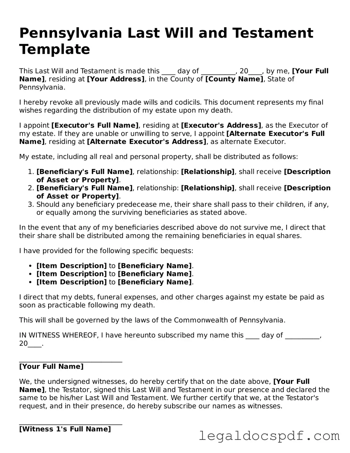 Legal Pennsylvania Last Will and Testament Form