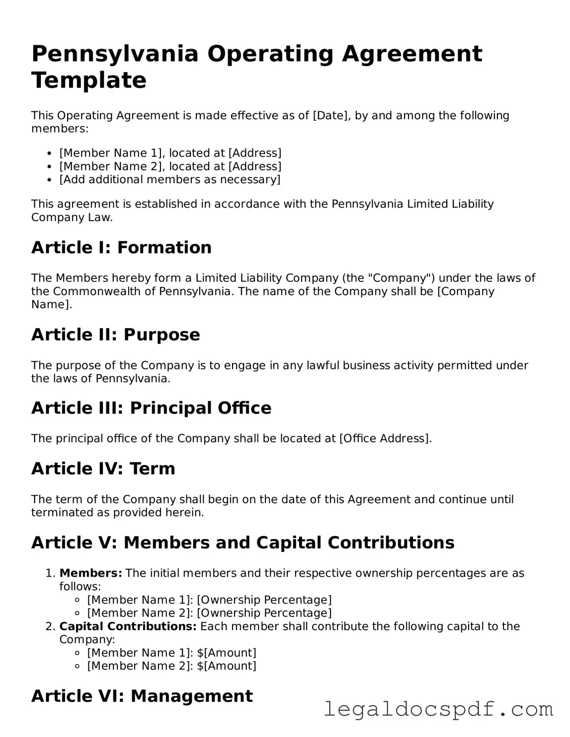 Legal Pennsylvania Operating Agreement Form