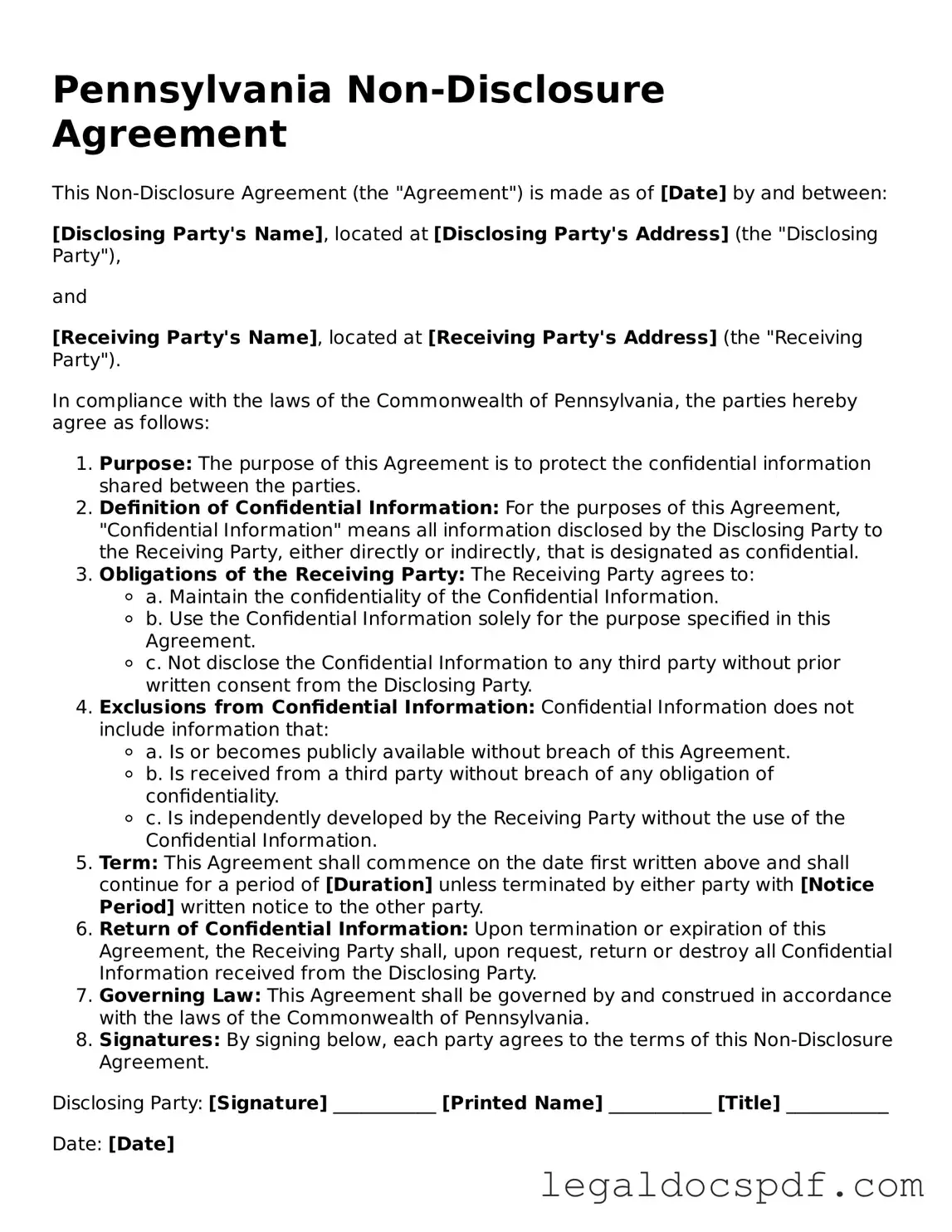 Legal Pennsylvania Non-disclosure Agreement Form