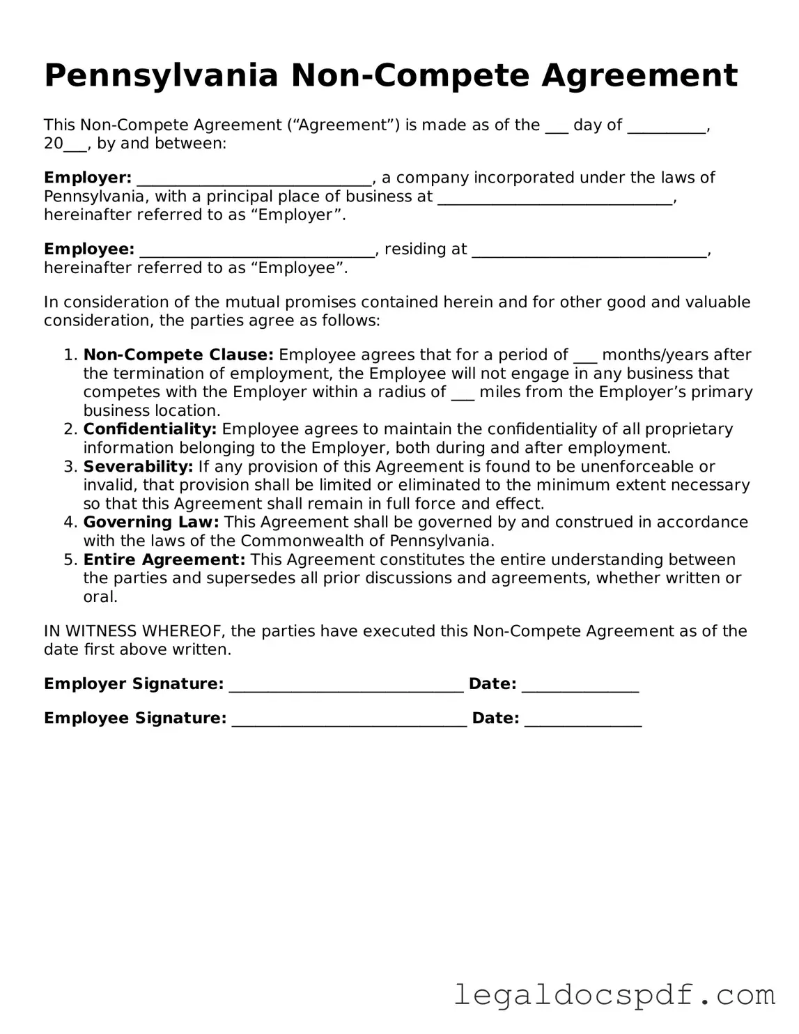 Legal Pennsylvania Non-compete Agreement Form