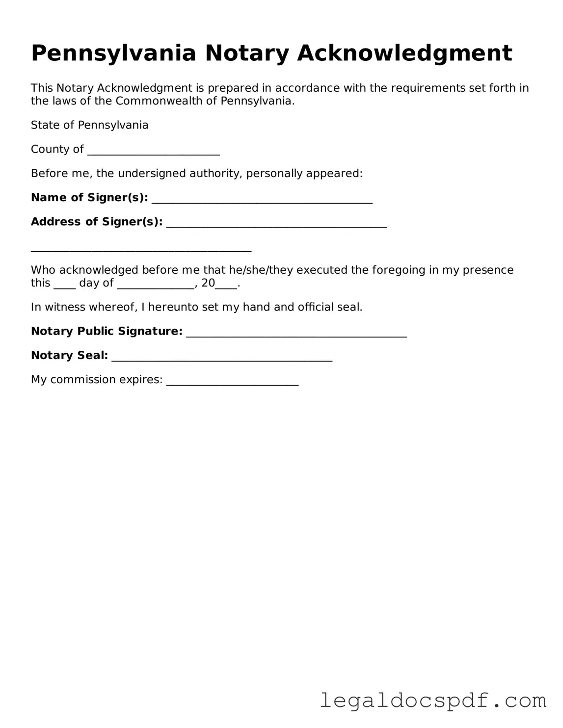 Legal Pennsylvania Notary Acknowledgement Form