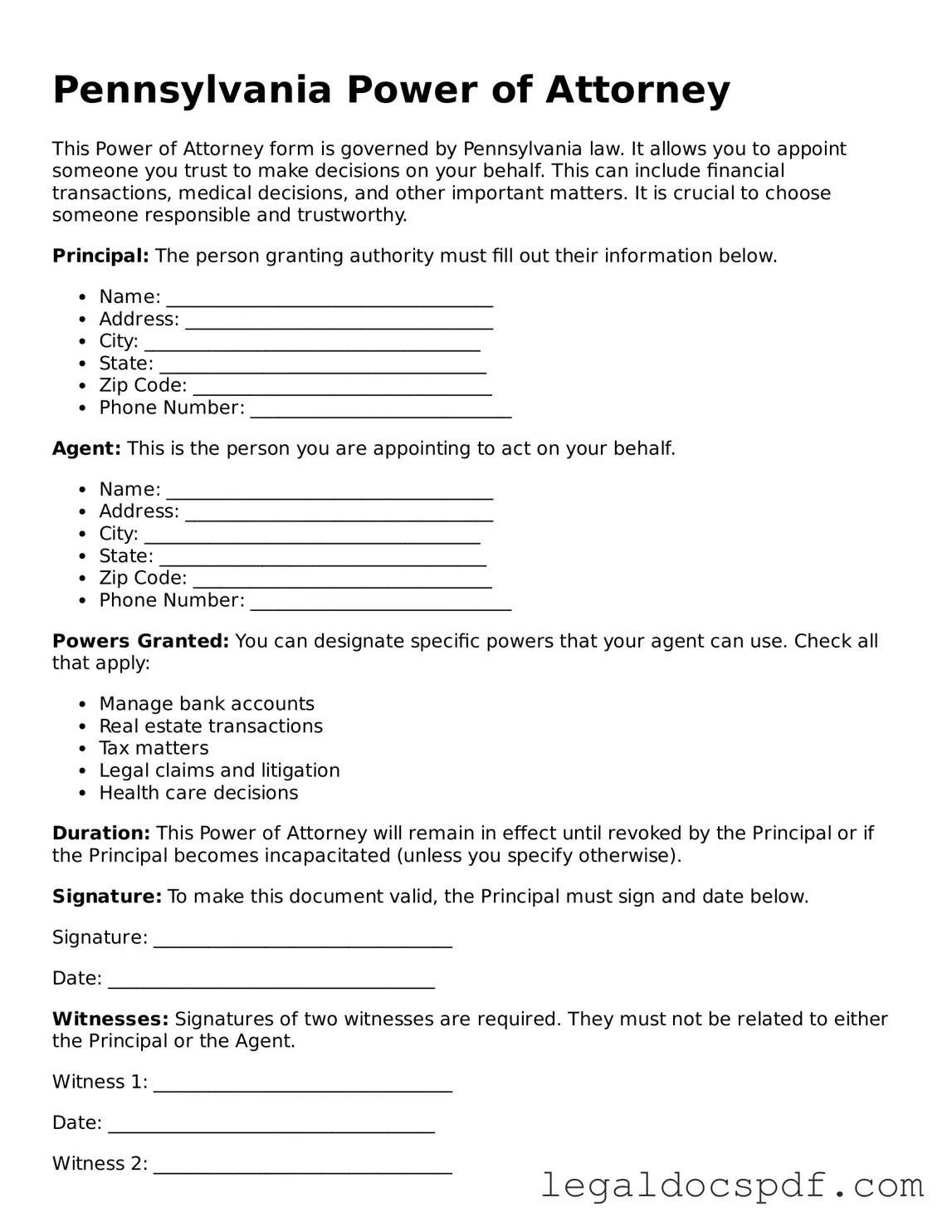 Legal Pennsylvania Power of Attorney Form