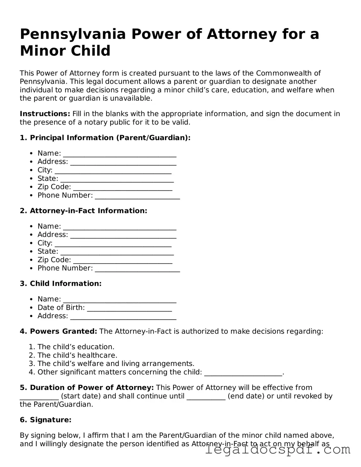 Legal Pennsylvania Power of Attorney for a Child Form