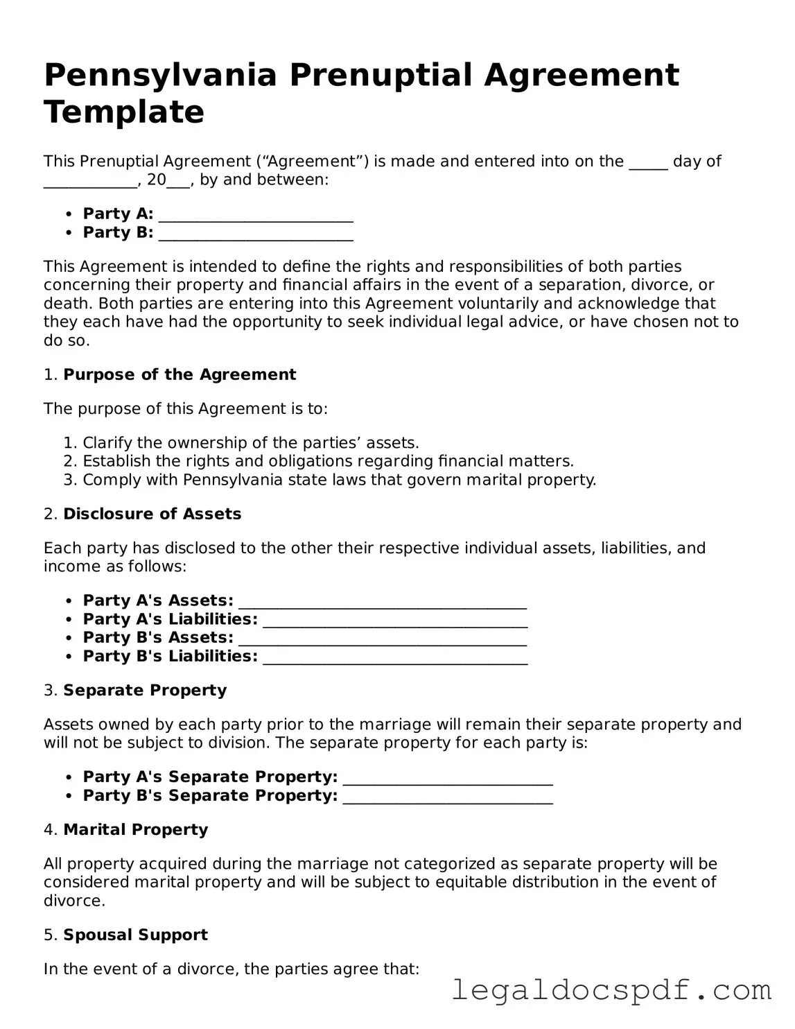 Legal Pennsylvania Prenuptial Agreement Form