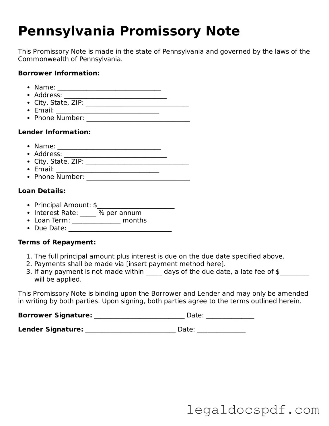 Legal Pennsylvania Promissory Note Form