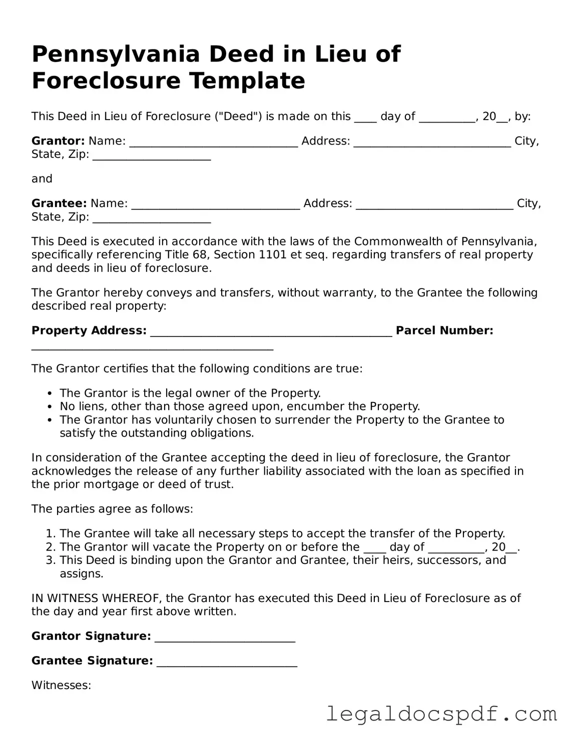 Legal Pennsylvania Deed in Lieu of Foreclosure Form
