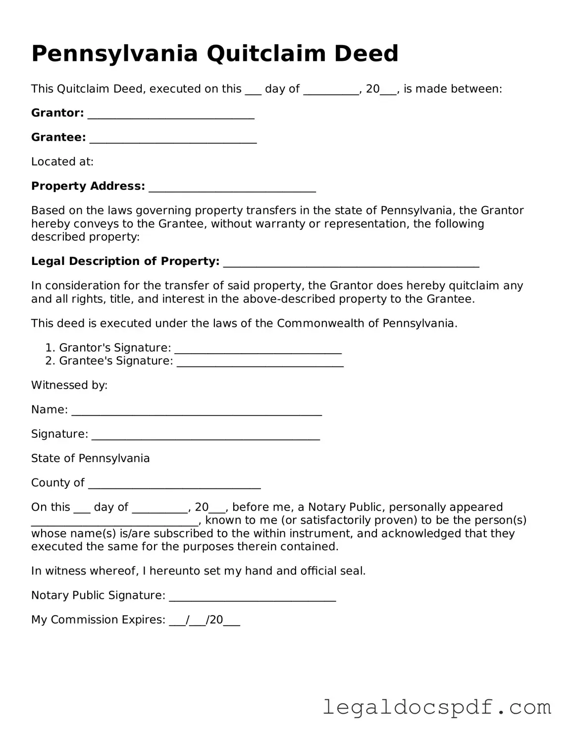 Legal Pennsylvania Quitclaim Deed Form