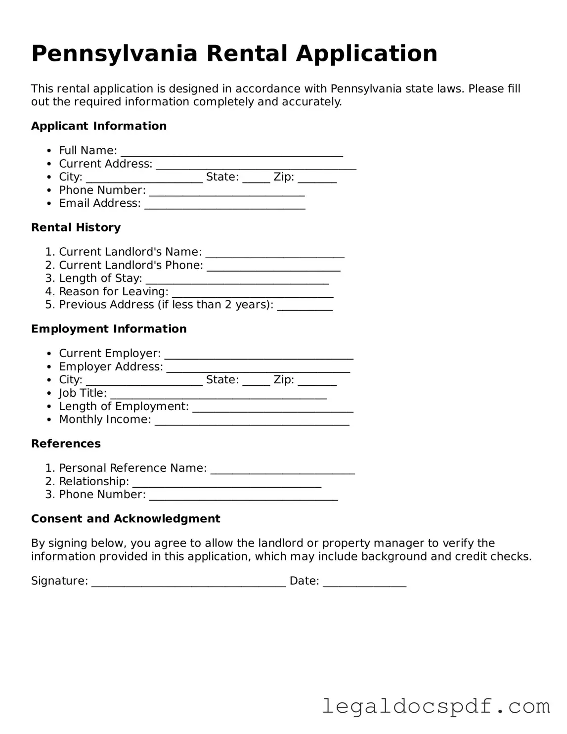 Legal Pennsylvania Rental Application Form