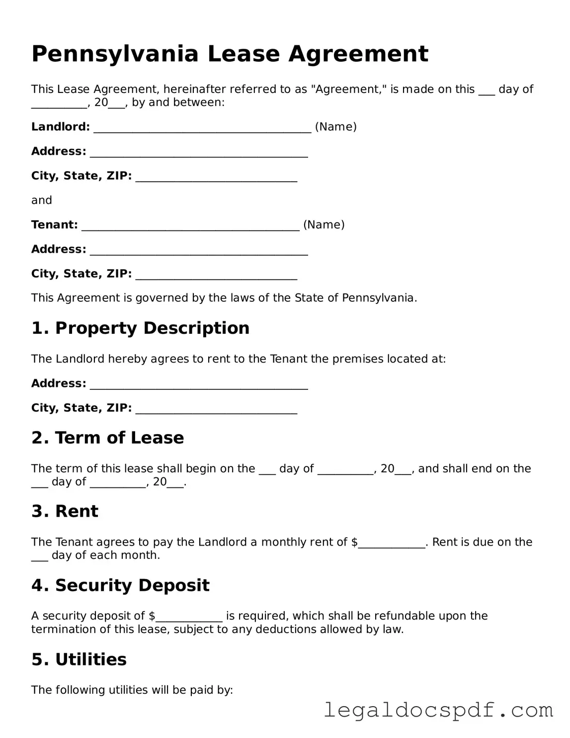 Legal Pennsylvania Lease Agreement Form