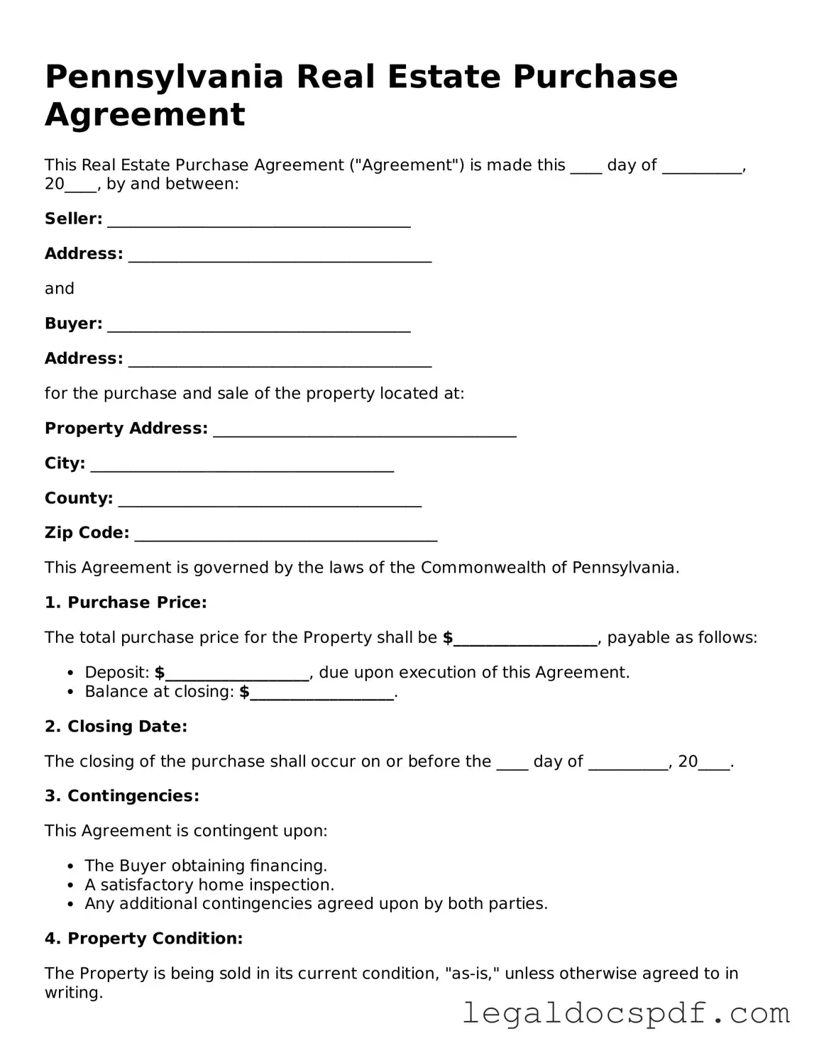 Legal Pennsylvania Real Estate Purchase Agreement Form