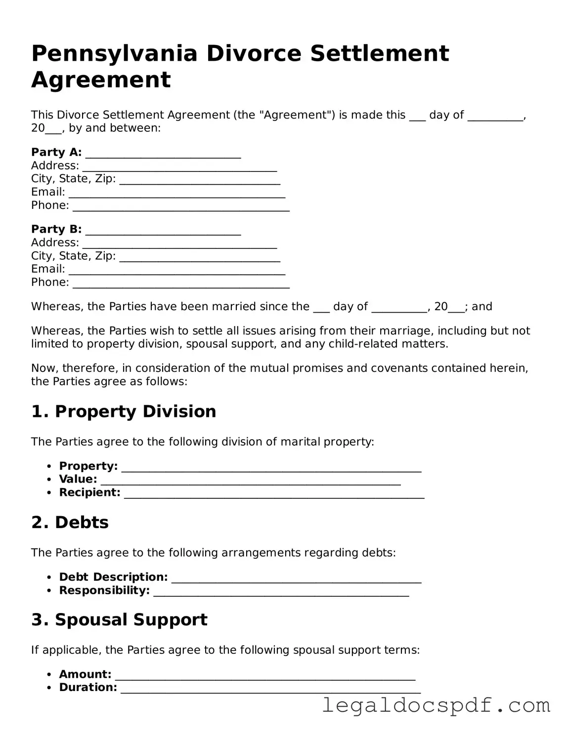 Legal Pennsylvania Divorce Settlement Agreement Form