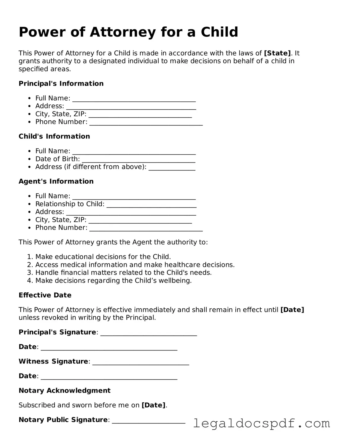Valid Power of Attorney for a Child Template