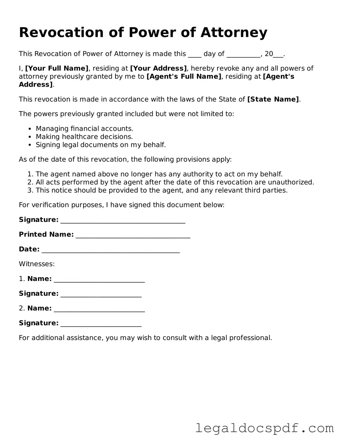 Valid Revocation of Power of Attorney Template