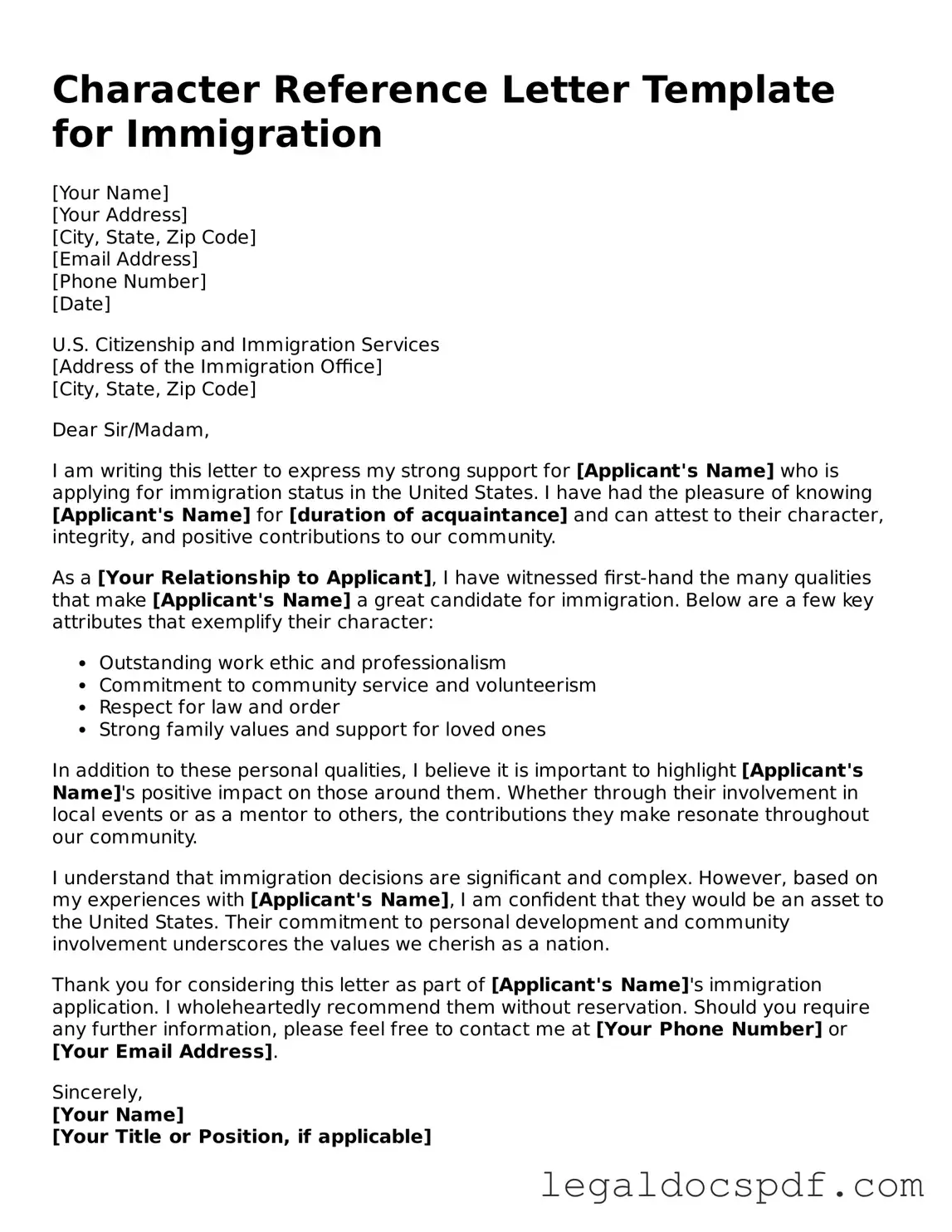 Valid Character Reference Letter for Immigration Template