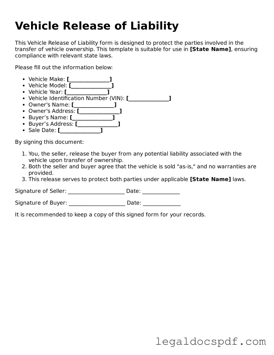Valid Vehicle Release of Liability Template