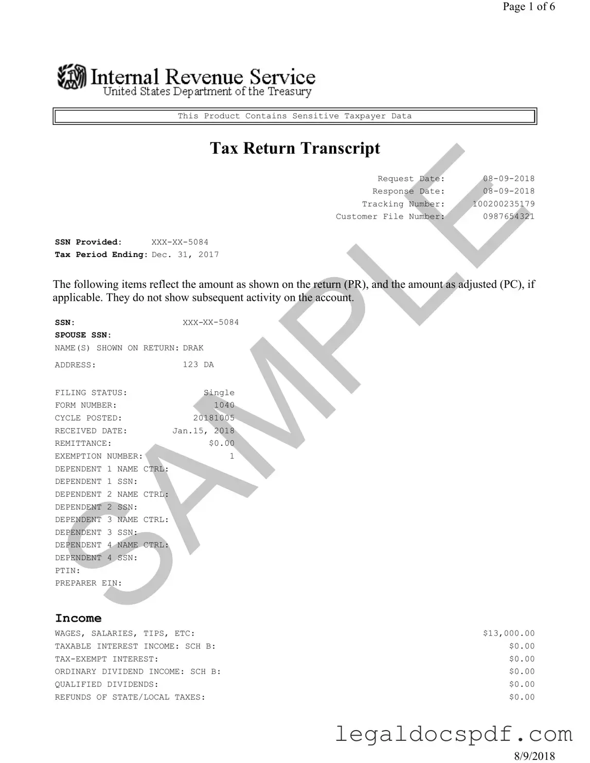 Fill Out Your Sample Tax Return Transcript Form