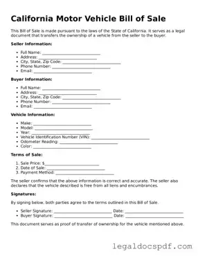 Legal California Motor Vehicle Bill of Sale Form