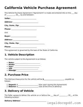 Legal California Vehicle Purchase Agreement Form