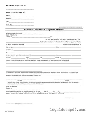 Fill Out Your California Death of a Joint Tenant Affidavit Form
