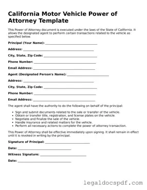 Legal California Motor Vehicle Power of Attorney Form
