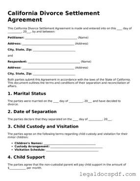 Legal California Divorce Settlement Agreement Form