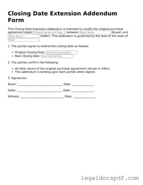 Valid Closing Date Extension Addendum Form Template