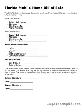 Legal Florida Mobile Home Bill of Sale Form