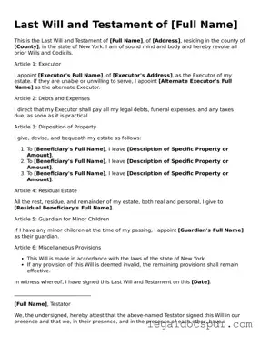 Legal New York Last Will and Testament Form