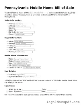 Legal Pennsylvania Mobile Home Bill of Sale Form