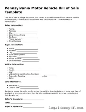 Legal Pennsylvania Motor Vehicle Bill of Sale Form