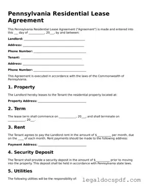 Legal Pennsylvania Residential Lease Agreement Form