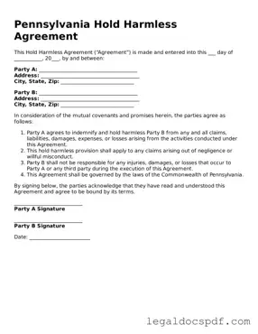 Legal Pennsylvania Hold Harmless Agreement Form