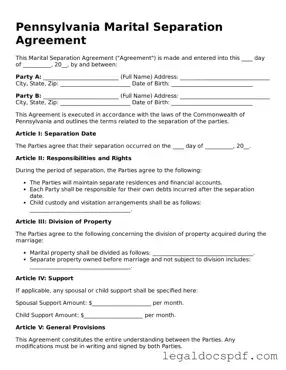 Legal Pennsylvania Marital Separation Agreement Form