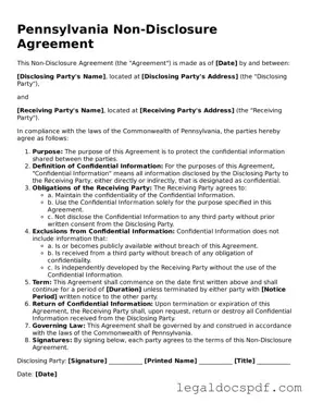 Legal Pennsylvania Non-disclosure Agreement Form