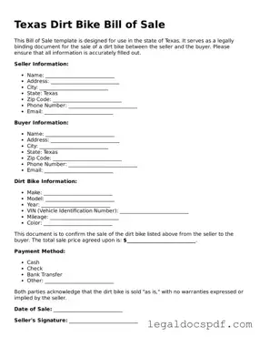 Legal Texas Dirt Bike Bill of Sale Form