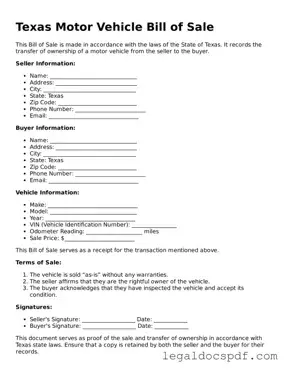 Legal Texas Motor Vehicle Bill of Sale Form