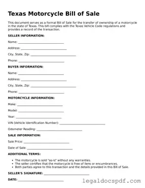 Legal Texas Motorcycle Bill of Sale Form