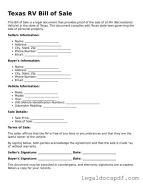 Legal Texas RV Bill of Sale Form