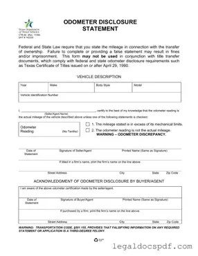 Fill Out Your Texas Odometer Statement Form
