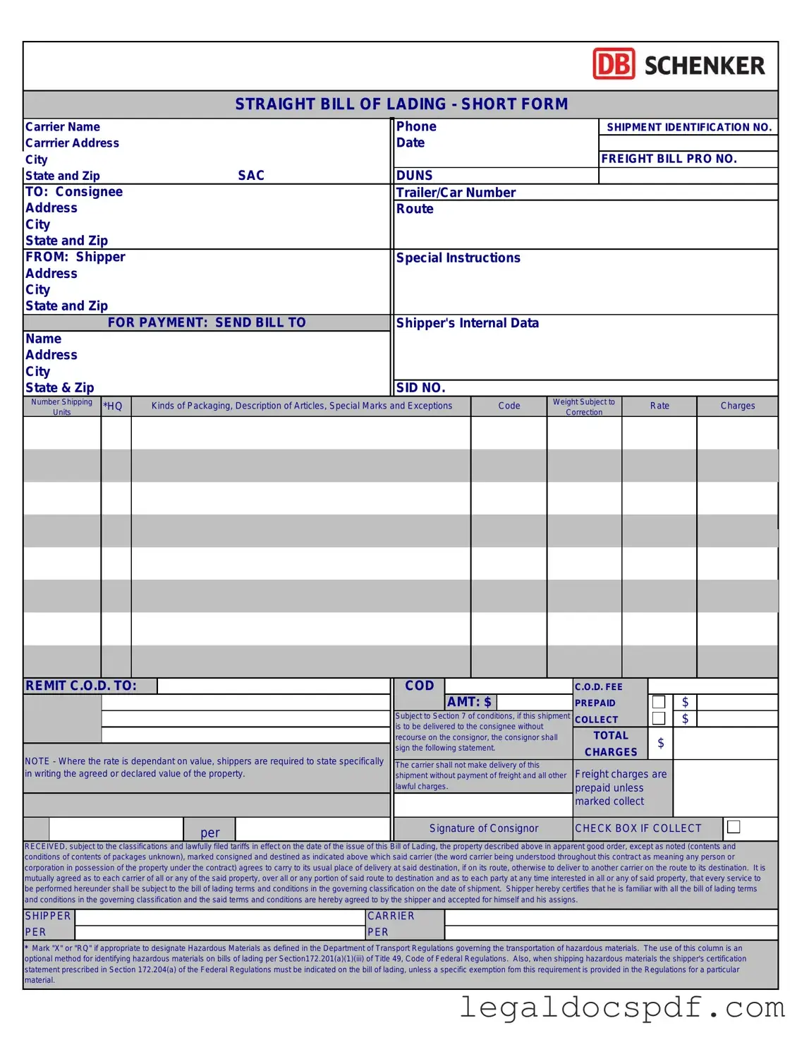 Fill Out Your Straight Bill Of Lading Form