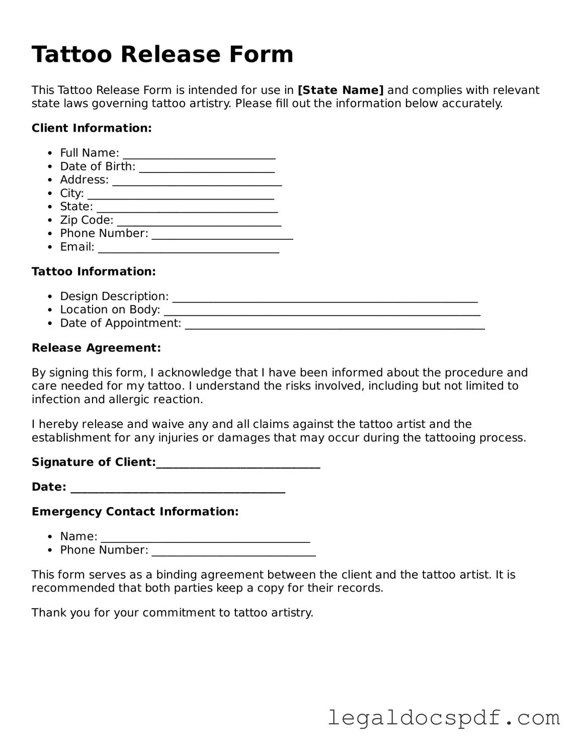 Valid Tattoo Release Template