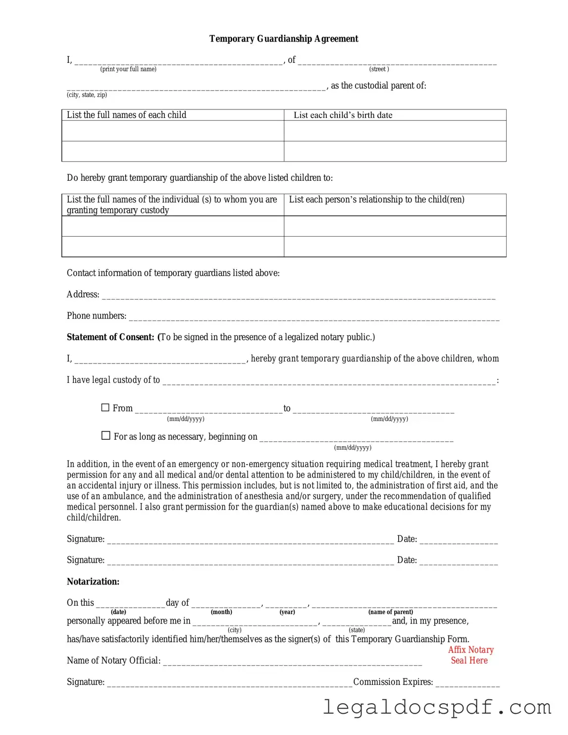 Fill Out Your Temporary Custody Form