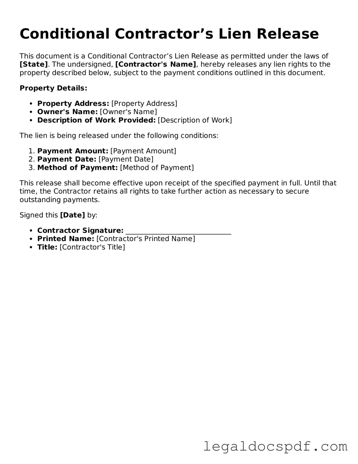 Valid Conditional Contractor’s Lien Release Template