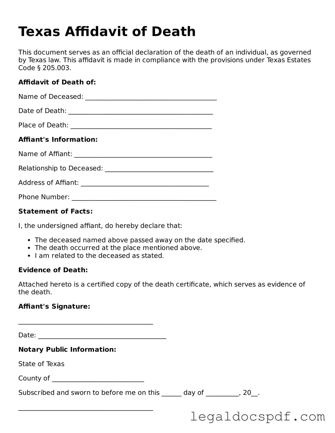 Legal Texas Affidavit of Death Form