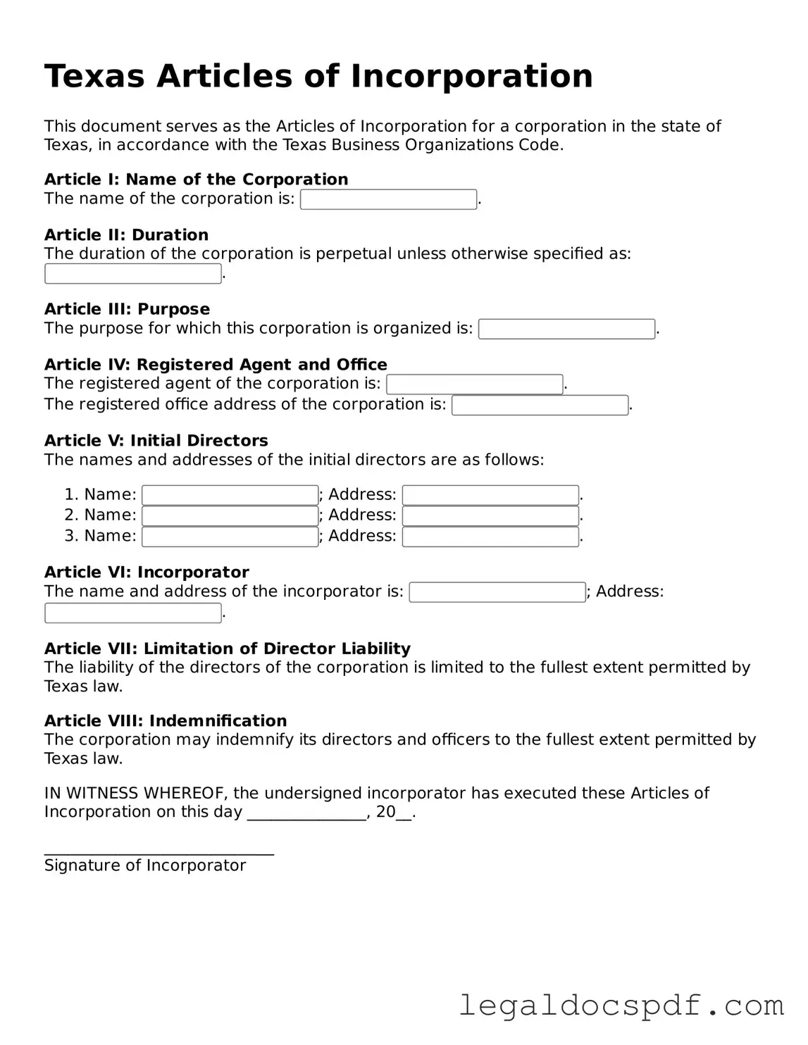 Legal Texas Articles of Incorporation Form