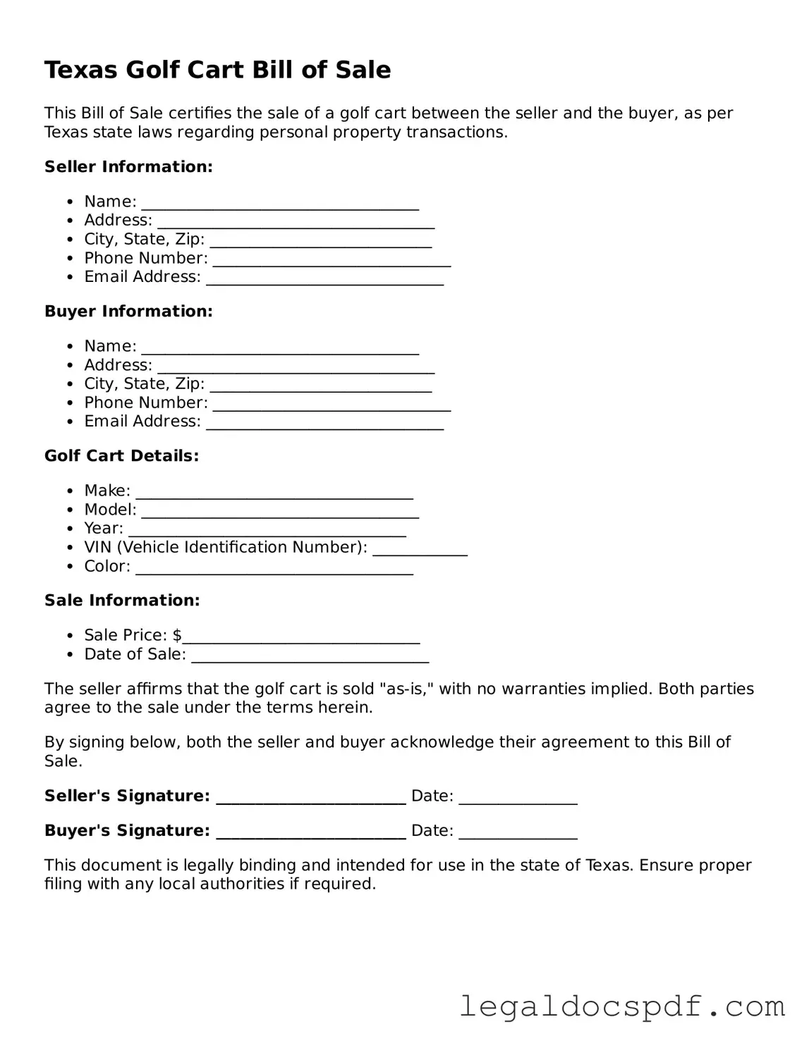Legal Texas Golf Cart Bill of Sale Form